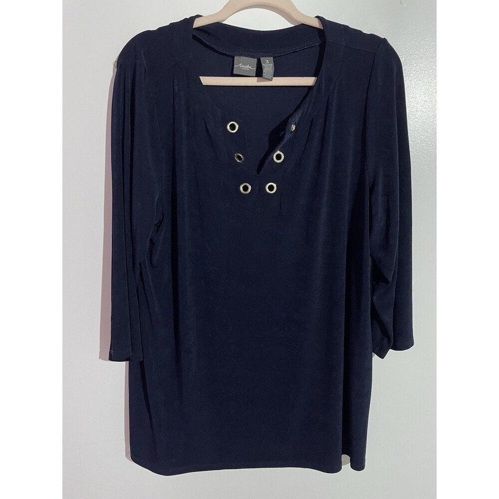 Chicos Travelers Top 3 16/18 Blue Liquid Slinky Knit Artsy Office Minimalist